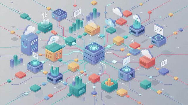 central digital server node connecting various data processing blocks across a complex isometric network grid depicting cloud storage integration and information flow in a modern virtual environment