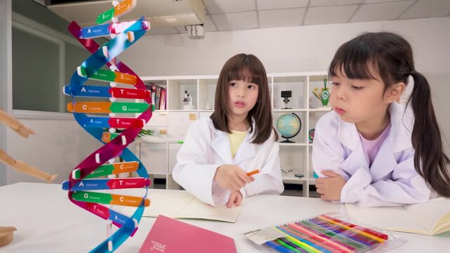 Two Schoolgirls in Lab Coats Studying Genetics Beside DNA Model