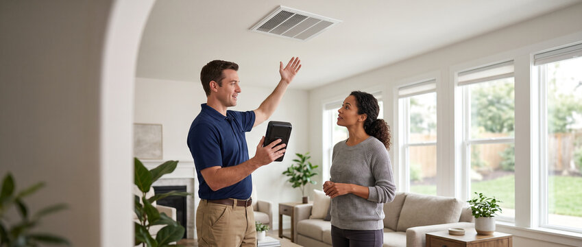 HVAC technician explains indoor air quality findings to homeowner, discussing ventilation, filtration, healthy air, home comfort and residential system performance during service consultation.