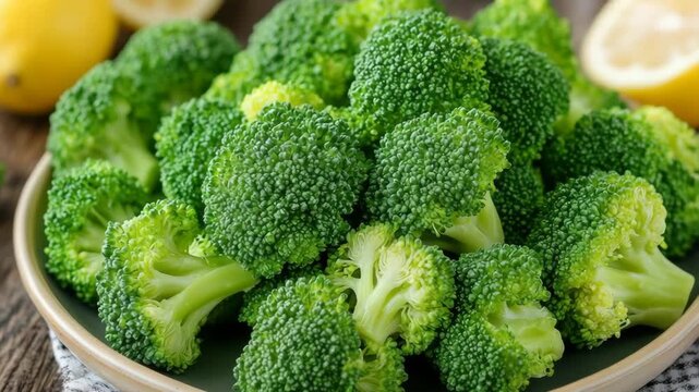 selective focus steamed baby broccoli olive oil lemon drizzle healthy plated dish