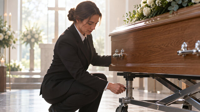 Female funeral director adjusting a wooden coffin trolley inside a bright church