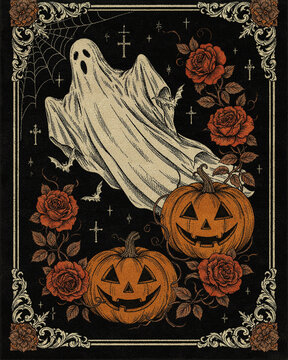 A Halloween-themed illustration decorated with gothic Halloween ghosts and pumpkins