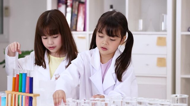 Two Young Girls in Lab Coats Conducting Science Experiment with Test Tubes