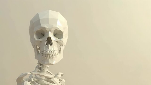 Side view of a white low-poly 3D human skull and spine animation against a neutral background.