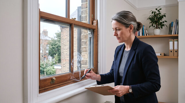 Female building assessor checks sash window air leaks with smoke pen inside
