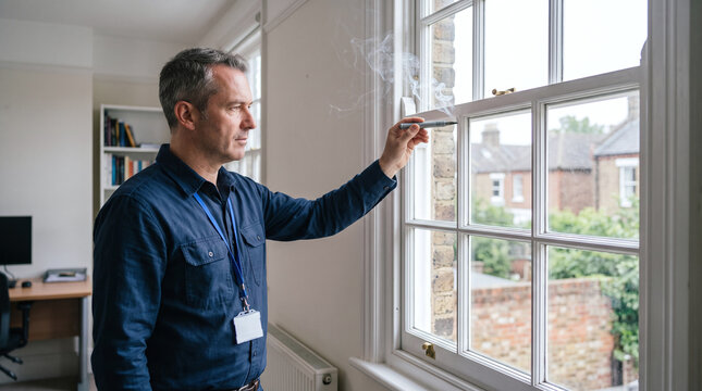 Energy assessor using a smoke pen to detect air leaks around window frame