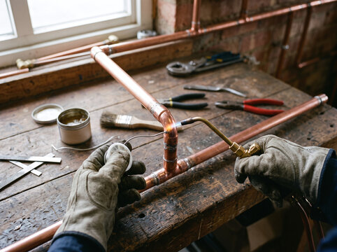Skilled plumber soldering copper pipe joint with gas torch in workshop