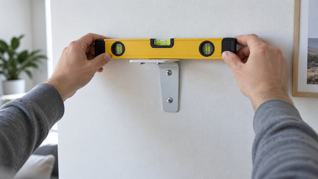 Man using a yellow spirit level to align a metal wall bracket in modern home