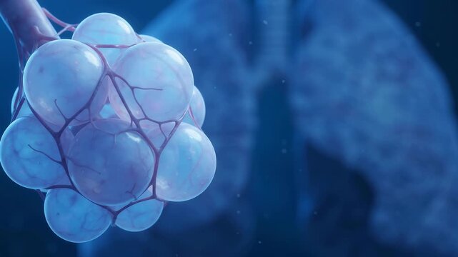 3D medical animation showing a close-up of human alveoli air sacs with capillaries for gas exchange in the lungs.