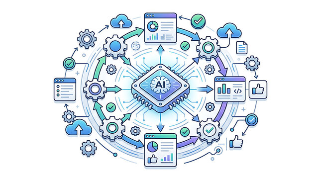 AI-powered automation workflow connecting smart devices and cloud systems for seamless integration.