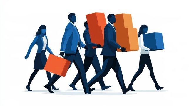 Illustration of five business professionals carrying large colorful boxes, walking purposefully in a line on a white background.