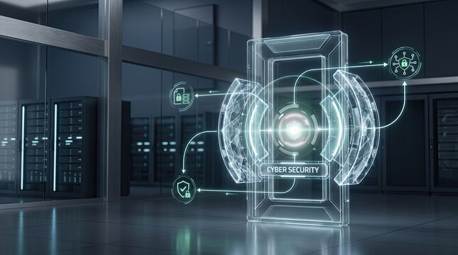 Futuristic digital interface showing a glowing smartphone hologram inside a modern high tech server room data center