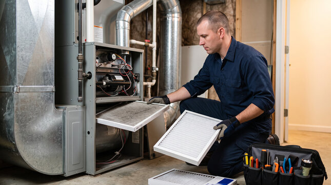 HVAC technician replacing furnace air filter during maintenance
