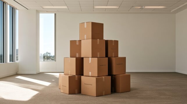 A stack of sealed cardboard boxes arranged in a pyramid shape in an empty, well-lit office space with large windows.