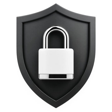 A 3d rendered illustration of a white metal padlock placed on top of a dark grey shield icon representing cybersecurity protection transparent background