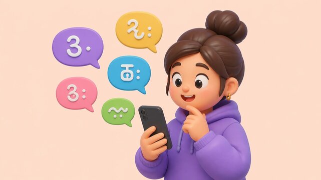 Chat Bubble Communication: A stylized cartoon girl in a purple hoodie holds a smartphone, with colorful chat bubbles displaying stylized text and symbols floating around her.
