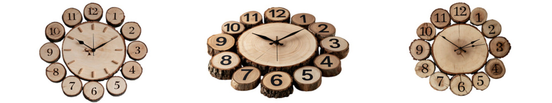 Three rustic wooden wall clocks made from tree slices with numbers on the transparent background