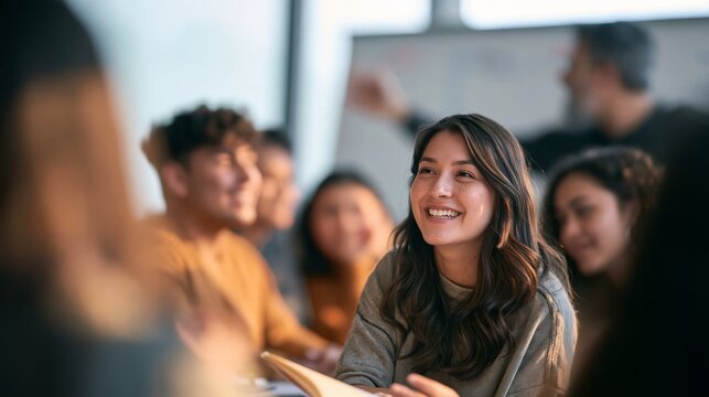 Young woman smiles warmly in a classroom setting