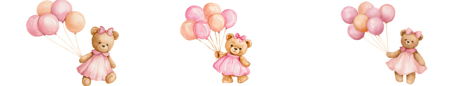 Watercolor cute little teddy bear girl in a pink dress holding balloons isolated on transparent background
