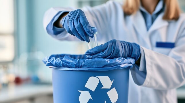 A person wearing blue gloves drops a test tube into a blue recycling bin with a visible recycling symbol.