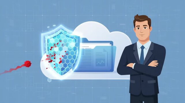 red virus cells attacking a digital folder stored inside a cloud icon against a blue grid network background