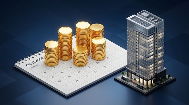 3D isometric calendar with gold coins and miniature building for dividend