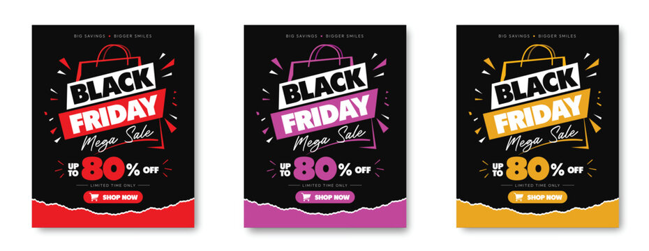 Black Friday mega sale poster with bold black and white typography, colorful red pink and gold accents, shopping promotion, discount offer and savings concept