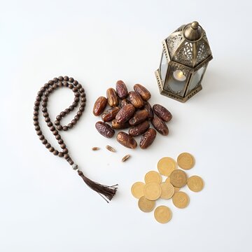 Traditional islamic ramadan concept with misbaha prayer beads sweet dates fanous lantern and zakat gold coins isolated on white background