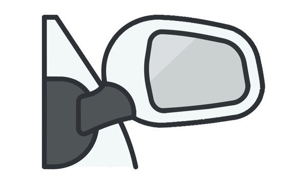 Minimalist car side mirror icon with clean monoline outline and solid color isolated on a white background representing an automotive design concept