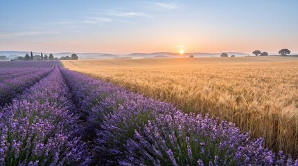 Fototapeta premium Lavender and Golden Wheat Fields Creating a Purple and Gold Landscape