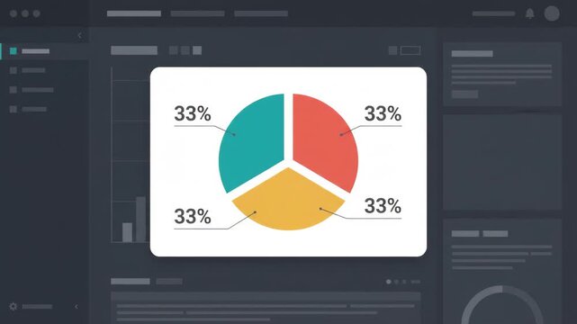colorful pie chart displays data analysis in a bright floating window set against a dark background containing various digital dashboard elements and professional interface layouts for data tracking
