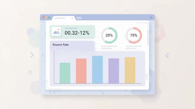 web browser window displays data analytics performance metrics and charts set against a soft abstract background with geometric shapes and subtle design elements