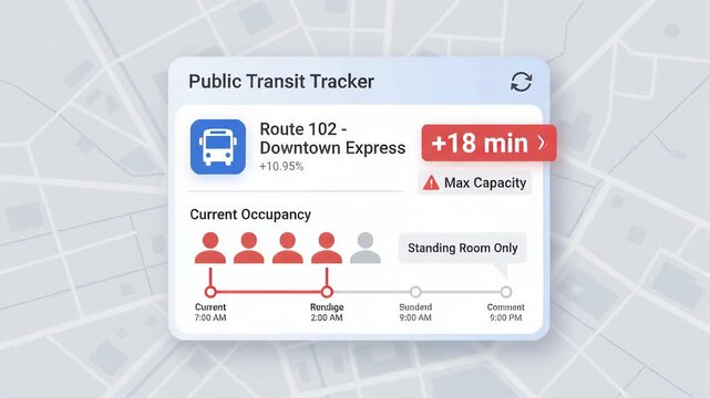 digital public transit tracker interface showing a delayed bus route status and passenger occupancy levels displayed over a simplified city map background