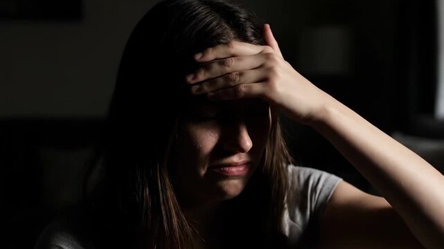 Close-up of an indoor woman's face, a woman anxious late at night