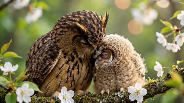 A mother owl tenderly resting her head against a small, fluffy baby owl, both perched together on a mossy tree branch surrounded by white cherry blossoms 