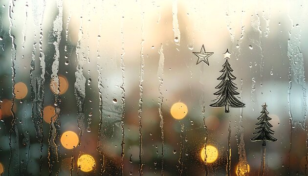 Christmas Tree Sticker and Star on Misty Glass Background