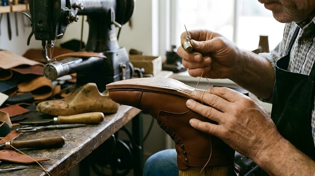 Skilled artisan handcrafting and stitching a leather shoe in a traditional workshop