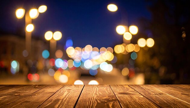 Wooden table, blurred bokeh background background. Neon light, night view, close-up. The general background of the interior, a dark background.
