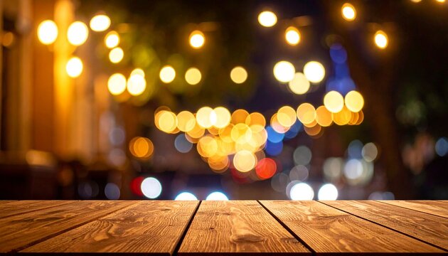 Wooden table, blurred bokeh background background. Neon light, night view, close-up. The general background of the interior, a dark background.