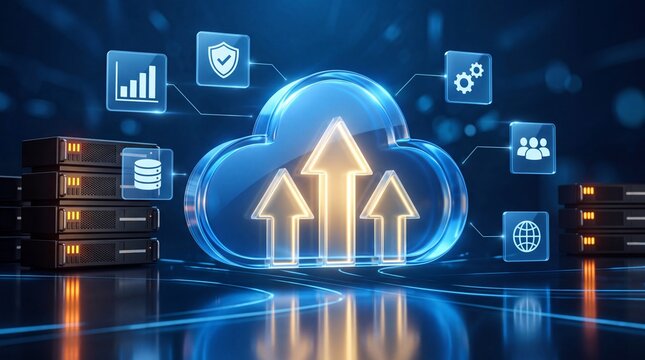 Cloud computing and data storage concept. Glass cloud symbol with glowing upload arrows and server racks