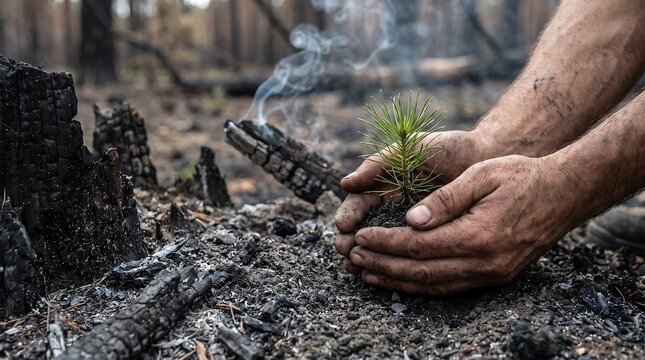 Hands planting a seedling in a charred forest after a fire, new hope.