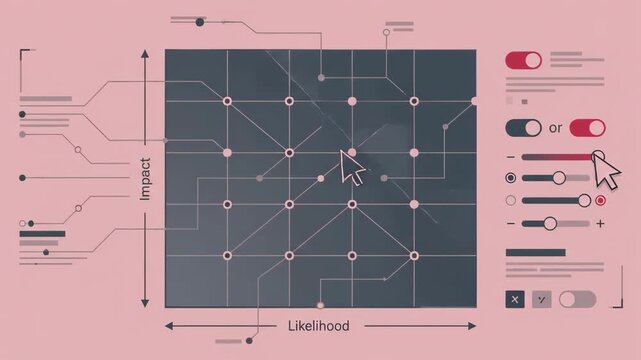 risk assessment matrix chart visualizing impact versus likelihood with interactive digital interface settings and grid nodes displayed against a muted pink background in a professional business settin