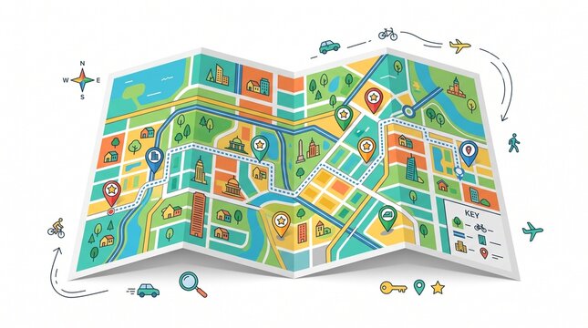 A foldable city map showing the city layout, travel routes, and key landmarks