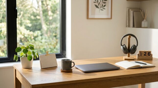 A modern home office workspace featuring a laptop and headphones on a wooden desk for remote business work