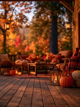 Warm lanterns glow on a wooden porch