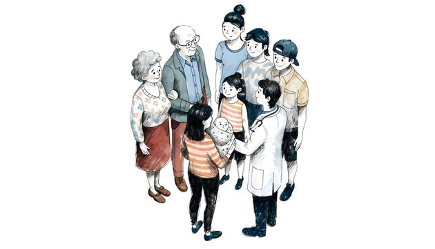 Multigenerational family consulting with family doctor. Primary healthcare and newborn pediatric care. Physician explaining health diagnosis to large extended family