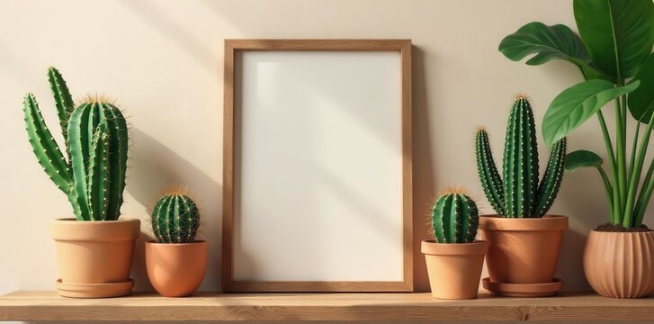 Retro shelf with cacti, wooden boxes, and mock-up frame , decoration, brown, succulent