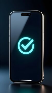 Modern smartphone with glowing check mark icon, mobile phone displaying successful transaction symbol, digital verification on cellular device screen