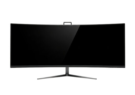 Wide curved computer monitor with black screen isolated on transparent background