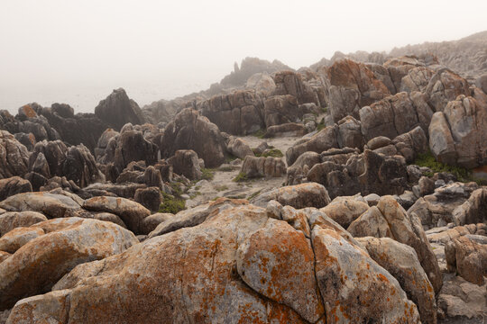 moody landscape of rock formations in sunrise fog, DeKelders, South Africa